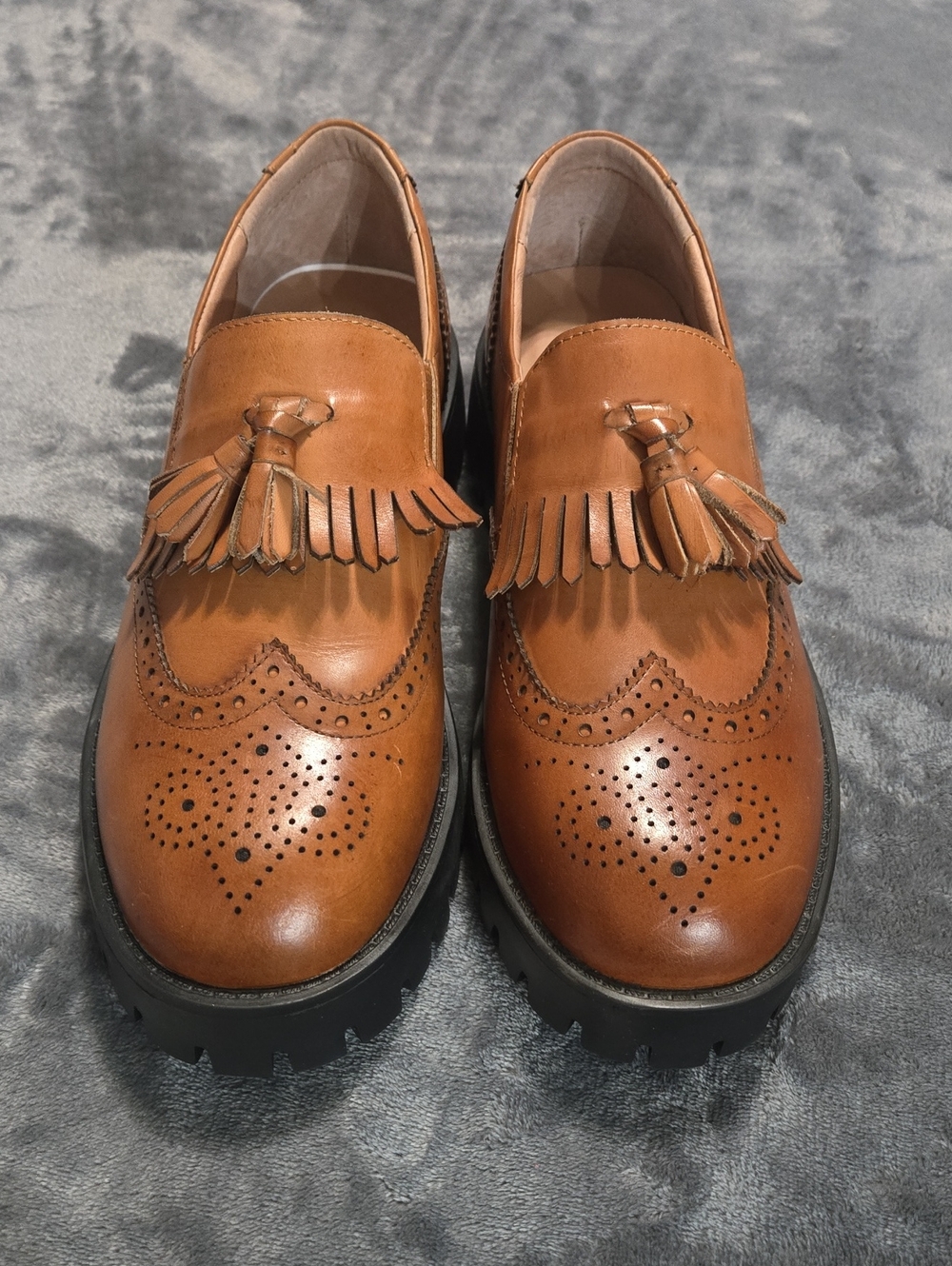 BeauToday Saddle Brown Platform Brogue Loafers for Women with Tassels Size 8.5-9